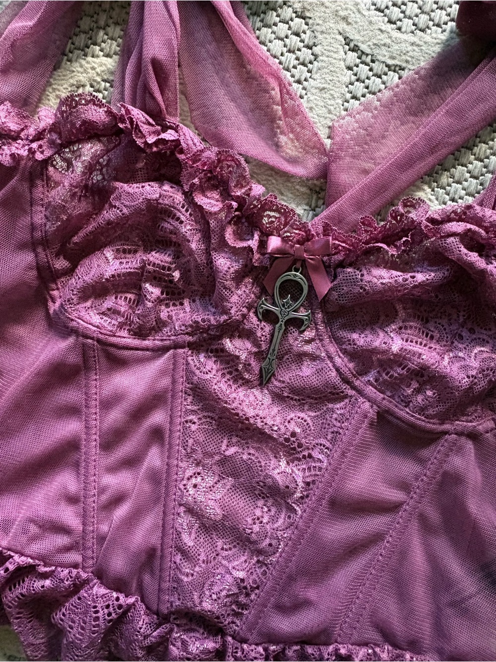 DollsKill | Widow Y2K Goth Sheer Lace Mesh Frilly Zip Up Corset Top With Charm - Picture 3 of 6